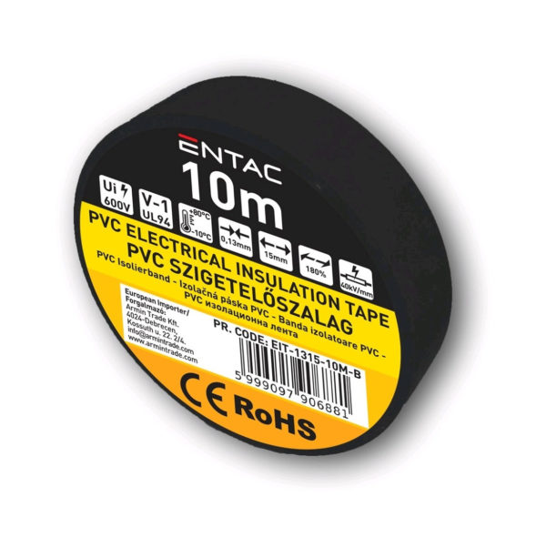 Profesionálna elektroizolačná páska PVC, Entac, 0,13x15 mm, čierna farba, balenie 10m