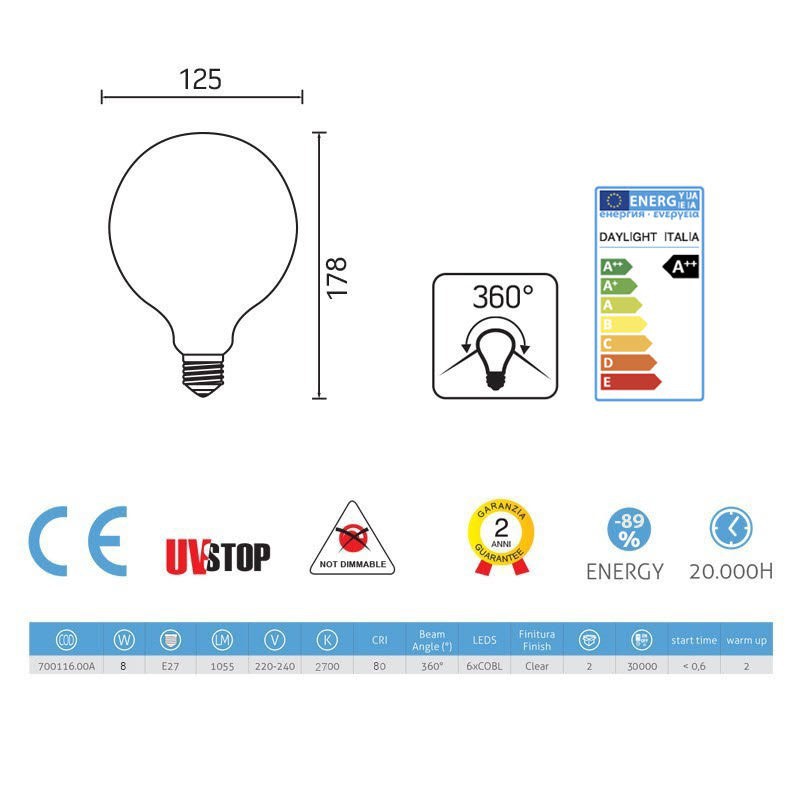 Priehľadná LED žiarovka - G125, 9W, E27, 1050lm, Teplá biela | Daylight Italia – Obrázok 2