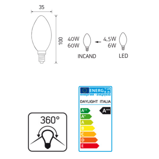 LED žiarovka s mliečnym sklom OLIVA - E14, 6W, 806lm, Denná biela | Daylight Italia - Image 2